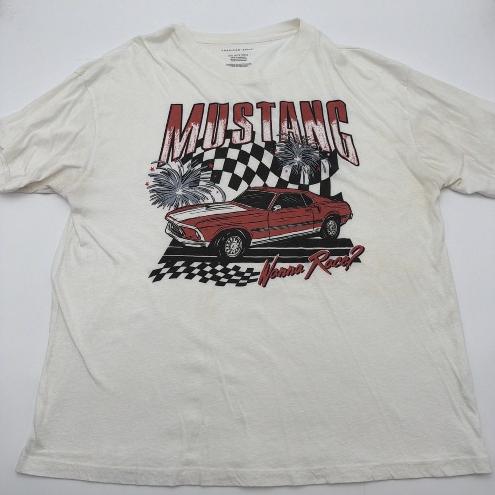Ford Mustang Wanna Race? American Eagle Retro Look T-Shirt Size L Checker Print